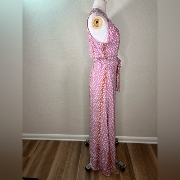 Natalie Martin Printed 100% Silk Wrap Tie Waist Chevron Maxi Dress SZ Large EUC - Picture 4 of 15